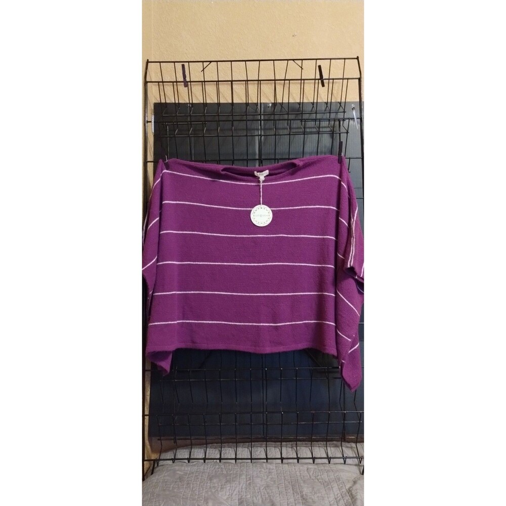 Umgee+ Women’s Plus Purple/White Striped Boat Neck Knit Pullover Poncho